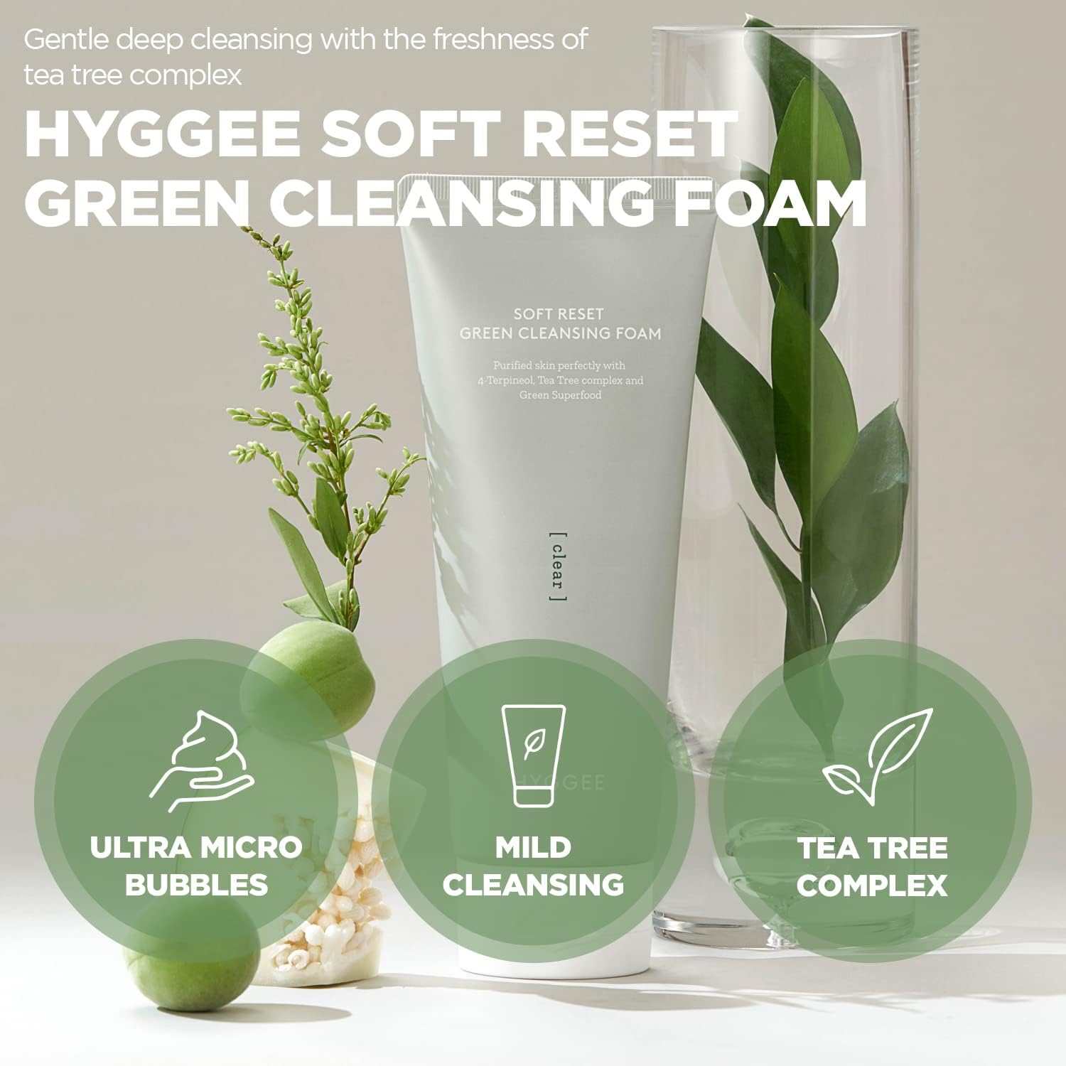 HYGGEE Soft Reset Green Cleansing Foam - Gentle Face Wash with Tea Tree Extract, Ultra Micro Bubbles Mild Facial Cleanser for Sensitive Skin