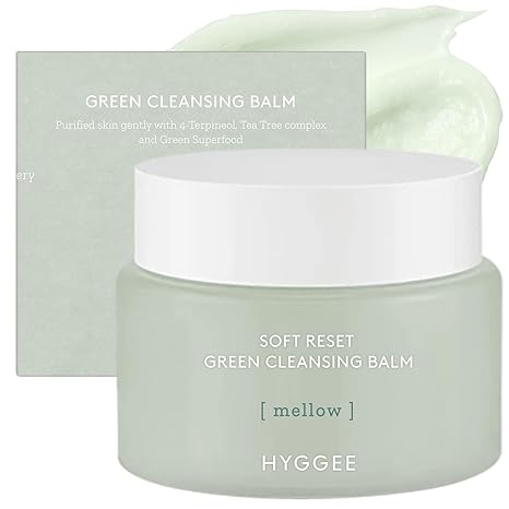 HYGGEE Soft Reset Green Cleansing Balm - Vegan Gentle Makeup Remover Sherbet Milky Oil Based Cleanser, Tea Tree Extract & Jojoba Oil, Hypoallergenic for Sensitive Skin, 3.38oz.