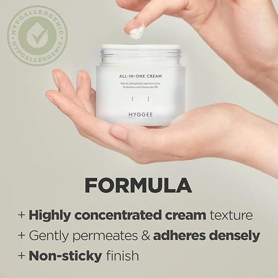 HYGGEE All in One Cream - High Moisture Barrier Face Moisturizer for Dry Skin - Probiotics & Ceramide - Non Sticky Moisturizing Cream - Skin Irritation Free, 2.7oz.