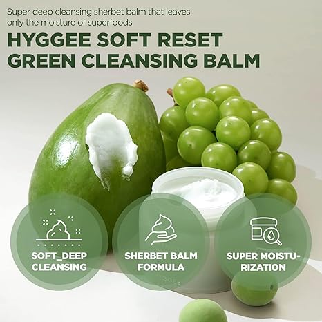 HYGGEE Soft Reset Green Cleansing Balm - Vegan Gentle Makeup Remover Sherbet Milky Oil Based Cleanser, Tea Tree Extract & Jojoba Oil, Hypoallergenic for Sensitive Skin, 3.38oz.