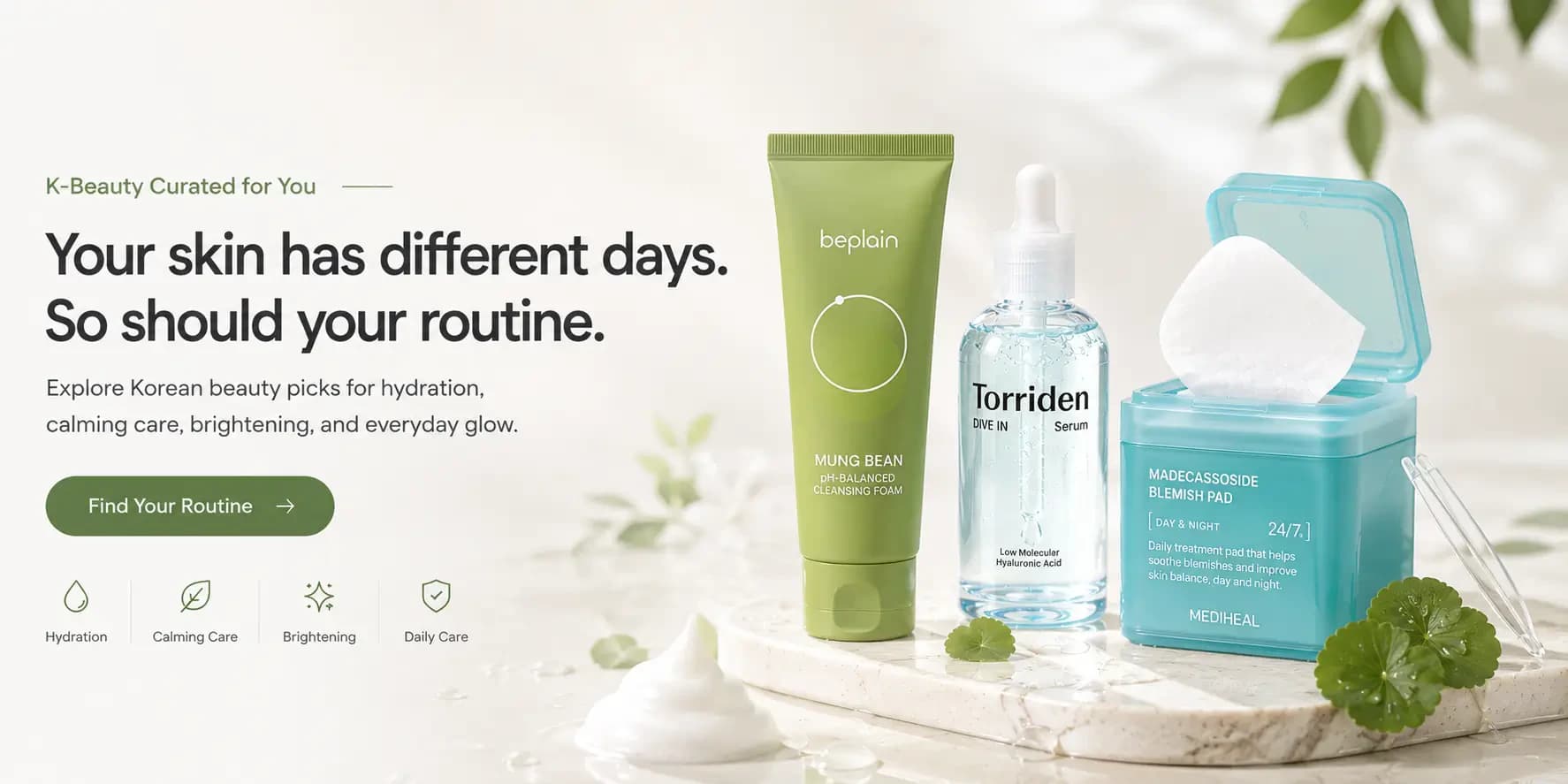 K-Beauty curated routine: beplain Mung Bean Cleansing Foam, Torriden Dive-In Serum, and Mediheal Madecassoside Blemish Pad
