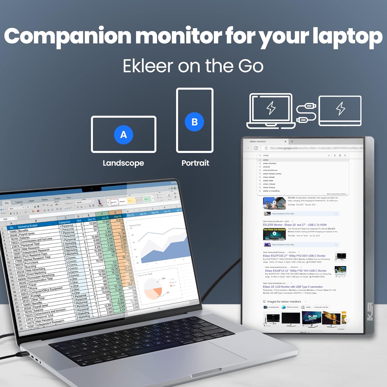 ÉKLEER DualView Portable Monitor 16.1 inch – Smartphone Mirroring & Wireless Dual Display