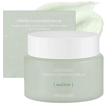 HYGGEE Soft Reset Green Cleansing Balm - Vegan Gentle Makeup Remover Sherbet Milky Oil Based Cleanser, Tea Tree Extract & Jojoba Oil, Hypoallergenic for Sensitive Skin, 3.38oz.