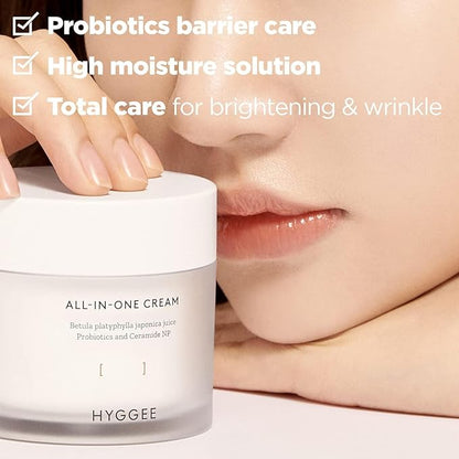 HYGGEE All in One Cream - High Moisture Barrier Face Moisturizer for Dry Skin - Probiotics & Ceramide - Non Sticky Moisturizing Cream - Skin Irritation Free, 2.7oz.