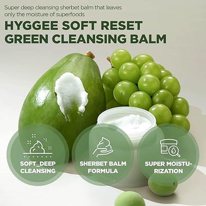 HYGGEE Soft Reset Green Cleansing Balm - Vegan Gentle Makeup Remover Sherbet Milky Oil Based Cleanser, Tea Tree Extract & Jojoba Oil, Hypoallergenic for Sensitive Skin, 3.38oz.