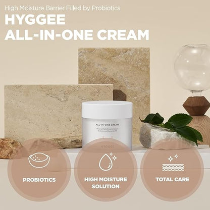 HYGGEE All in One Cream - High Moisture Barrier Face Moisturizer for Dry Skin - Probiotics & Ceramide - Non Sticky Moisturizing Cream - Skin Irritation Free, 2.7oz.