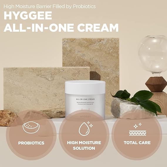 HYGGEE All in One Cream - High Moisture Barrier Face Moisturizer for Dry Skin - Probiotics & Ceramide - Non Sticky Moisturizing Cream - Skin Irritation Free, 2.7oz.