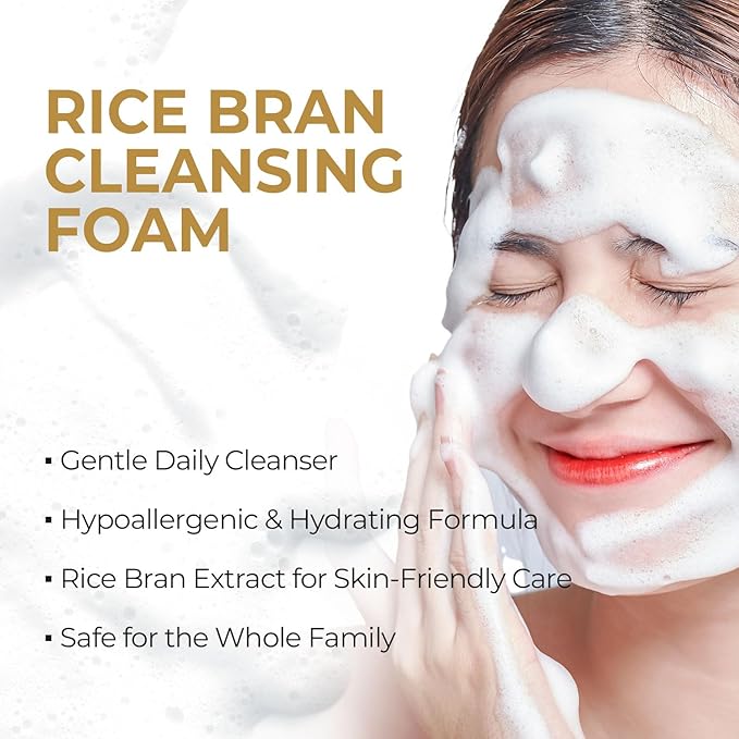 Pioom Rice Bran Cleansing Foam | Hydrating Face Wash for Sensitive Skin | Gentle K-Beauty Cleanser with Soft Creamy Texture & Lovely Scent | Family Size 16.9 fl oz