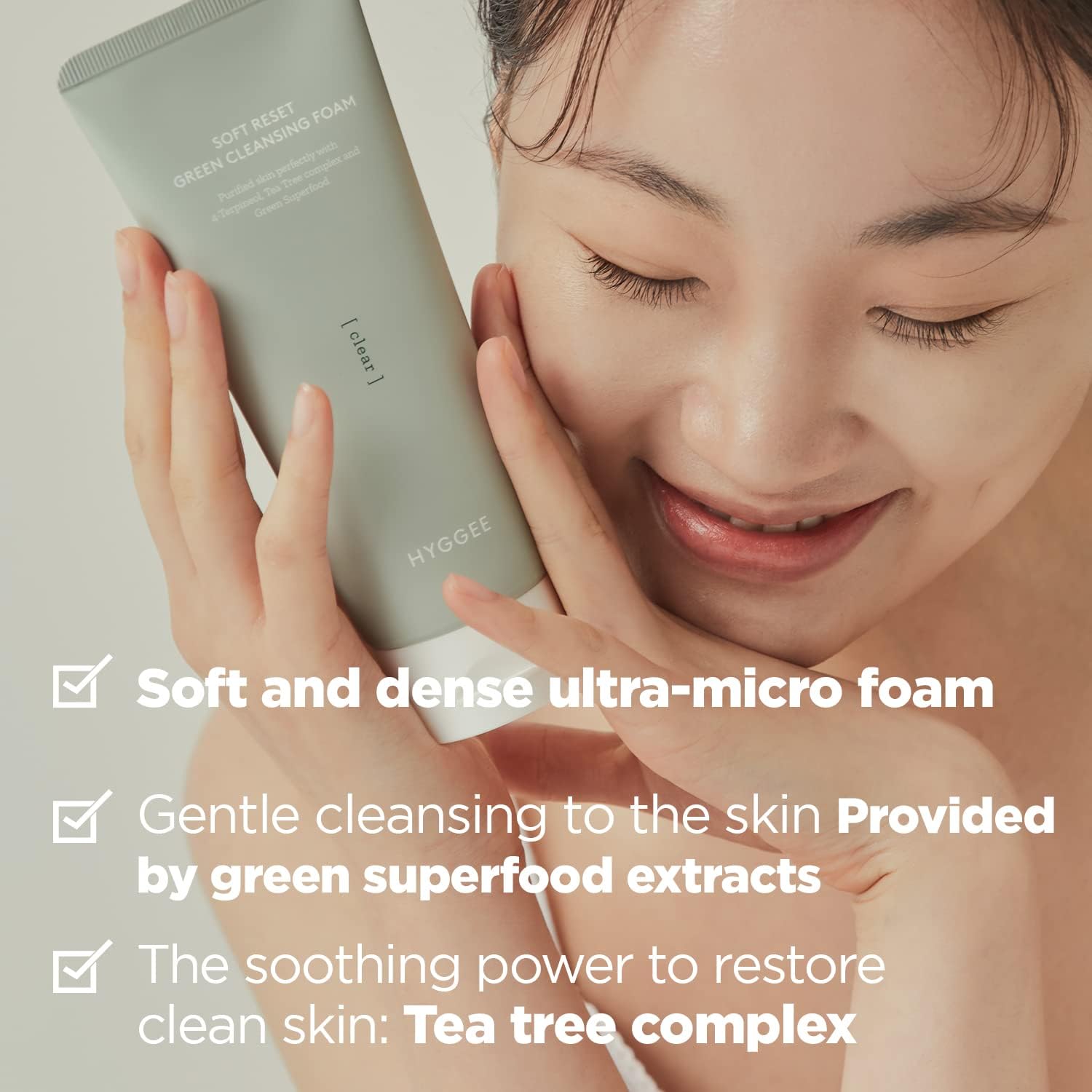 HYGGEE Soft Reset Green Cleansing Foam - Gentle Face Wash with Tea Tree Extract, Ultra Micro Bubbles Mild Facial Cleanser for Sensitive Skin