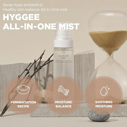 HYGGEE All in One Mist - Hydrating & Soothing Face Essence Spray for All Skin Types - Probiotics & Birch Sap Extract - Oil Control Gas Free Mist - Skin Irritation Free, 3.38 fl.oz.