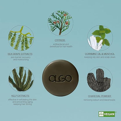OLGO Marine Shampoo Bar 3.5 oz | Soap-Free Solid Shampoo Bar for Scalp with Cooling | Kelp, Sea Grape, Charcoal with Biotin | Sustainable & Clean- No Sulfates, No Parabens, No Phthalates