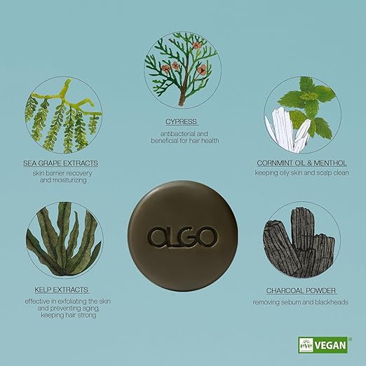 OLGO Marine Shampoo Bar 3.5 oz | Soap-Free Solid Shampoo Bar for Scalp with Cooling | Kelp, Sea Grape, Charcoal with Biotin | Sustainable & Clean- No Sulfates, No Parabens, No Phthalates