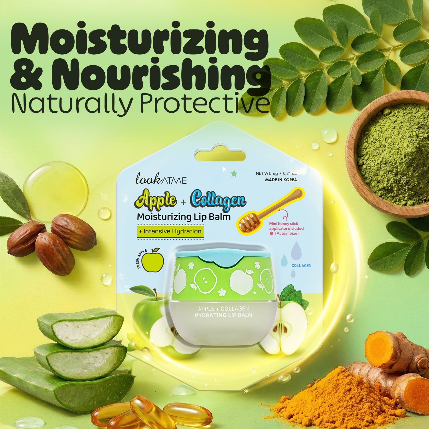 LOOK AT ME Apple+Collagen Hydrating Lip Balm, Long-Lasting Moisture, Natural Ingredients, Korean Skin Care, Nourishing & Plumping Lip Treatment for Dry Lips, Gift for Women (0.2 fl oz)