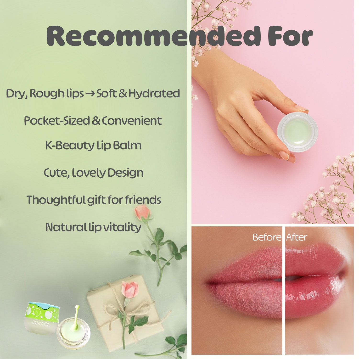 LOOK AT ME Apple+Collagen Hydrating Lip Balm, Long-Lasting Moisture, Natural Ingredients, Korean Skin Care, Nourishing & Plumping Lip Treatment for Dry Lips, Gift for Women (0.2 fl oz)